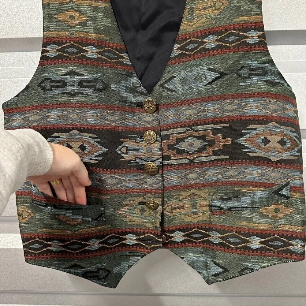 Vintage Neiman Marcus Southwest Vest Unisex L USA Brass tone‎ buttons Western